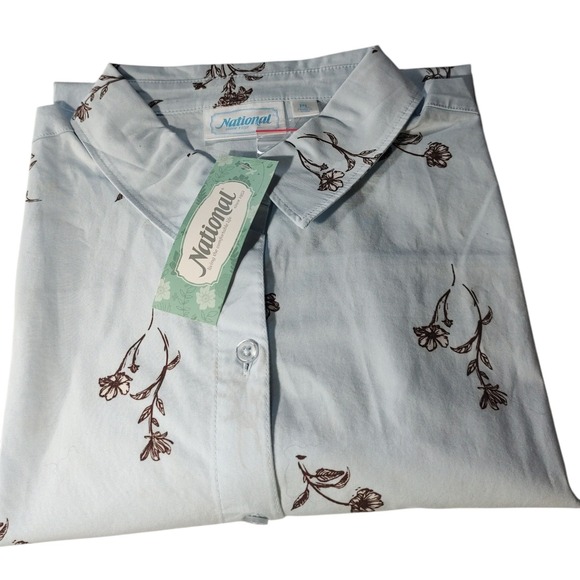 New National Button Up Blouse Top Blue Brown Floral Stretch Womens Petite Large - Picture 5 of 11